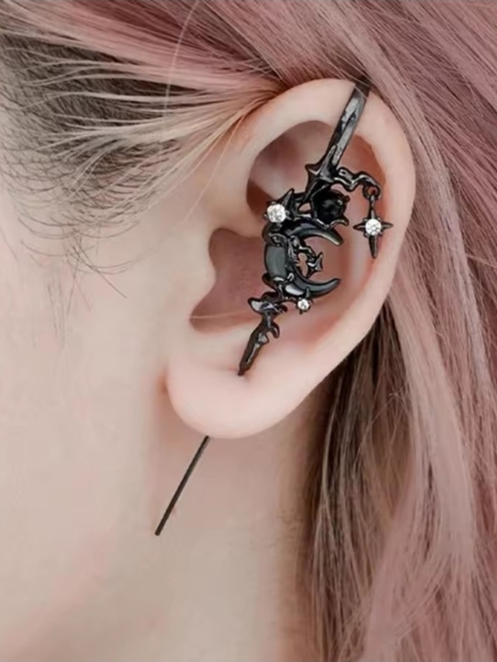 Black Gothic Crescent Moon Ear Cuff with Crystal Accents